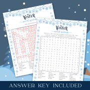 Image featuring the Winter Word Search game and its answer key, including the title 'Answer Key Included'