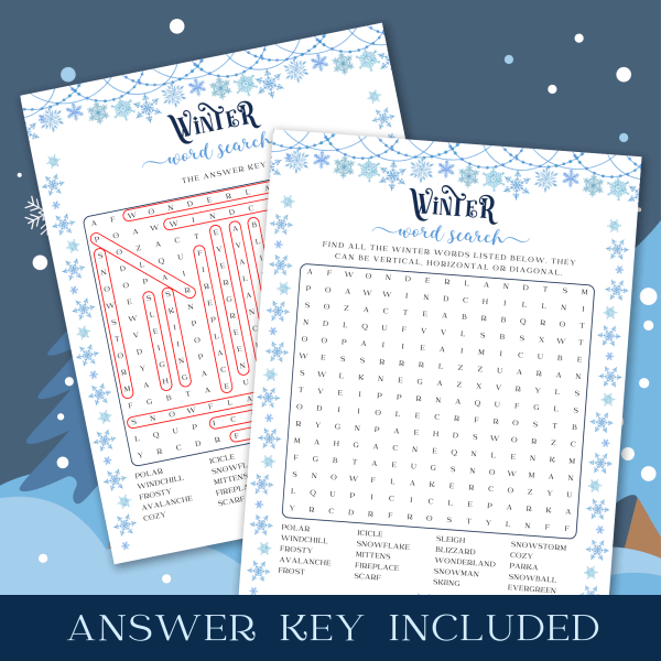 Image featuring the Winter Word Search game and its answer key, including the title 'Answer Key Included'