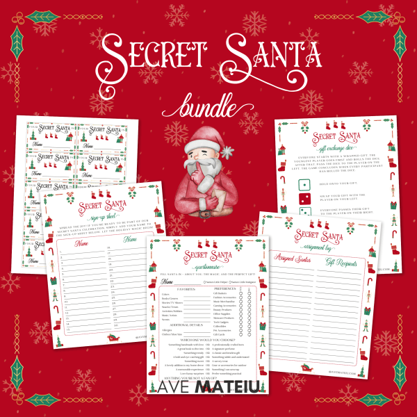 Image featuring the title 'Printable Secret Santa Bundle' and the Secret Santa kit for office party β printable Christmas games: Secret Santa Questionnaire, Secret Santa Sign-up Sheet, Secret Santa Name Draw Cards, Secret Santa Assignment Log, Secret Santa Gift Exchange Dice Game