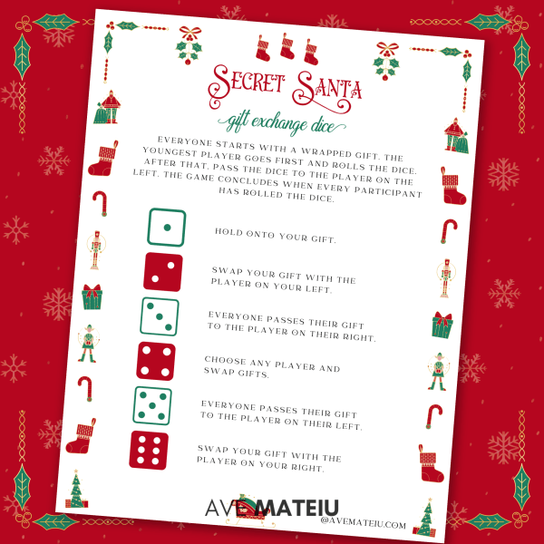 Image featuring an printable example of secret santa ideas: Secret Santa dice game β Christmas activity for adults