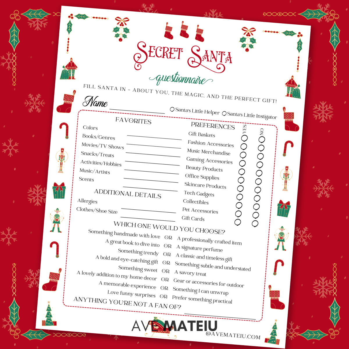 Image featuring an printable example of secret santa ideas: Secret Santa questionnaire printable – holiday gift exchange printable