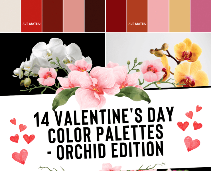 Image featuring the text: "14 Valentine's Day Color Palettes - Orchid Edition" with examples of Valentine's Day color palettes and red hearts