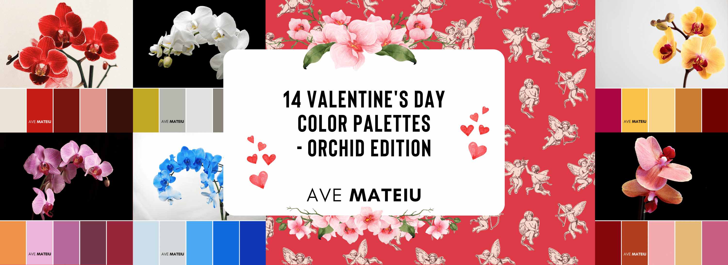 Image featuring the text: "14 Valentine's Day Color Palettes - Orchid Edition" with examples of Valentine's Day color palettes and red hearts plus cute cupids holding bows and shooting arrows.