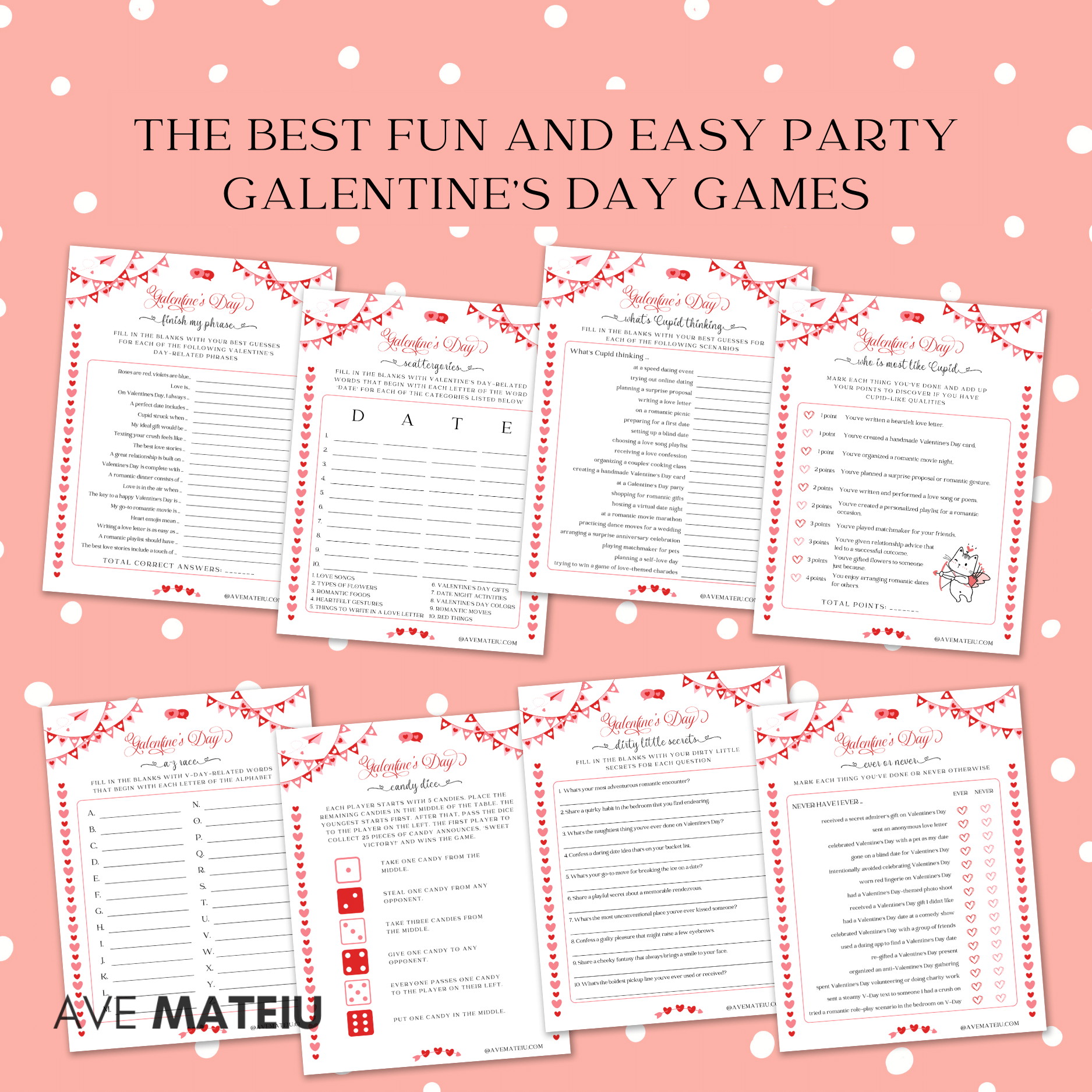 Image featuring the text: "The best fun and easy party Galentine’s day games and activities" with game examples like: Galentine finish my phrase, Galentine scattergories, Galentine what's Cupid thinking, Galentine who is most like Cupid, Galentine a to z race, Galentine candy dice, Galentine dirty little secrets, and Galentine ever or never.