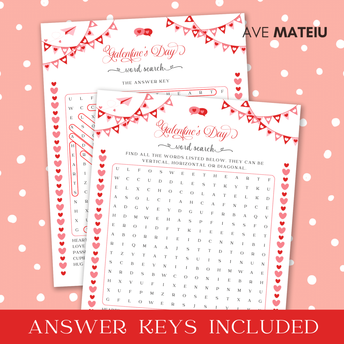 Image featuring the text "Answer keys included" and the Valentine's game: Galentine word search with its answer key.
