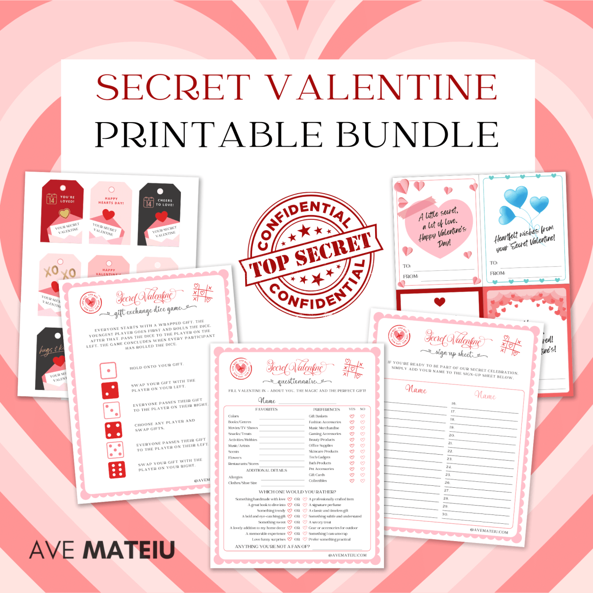 Image featuring the text "Printable Secret Valentine Bundle" with example of pages: Secret Valentine Questionnaire, Secret Valentine Gift Exchange Dice Game, Secret Valentine Sign-up sheet, Secret Valentine Gift Tags, and Secret Valentine Thank you Cards.