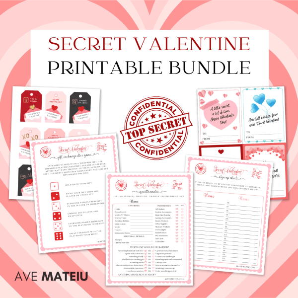 Image featuring the text "Printable Secret Valentine Bundle" with example of pages: Secret Valentine Questionnaire, Secret Valentine Gift Exchange Dice Game, Secret Valentine Sign-up sheet, Secret Valentine Gift Tags, and Secret Valentine Thank you Cards.