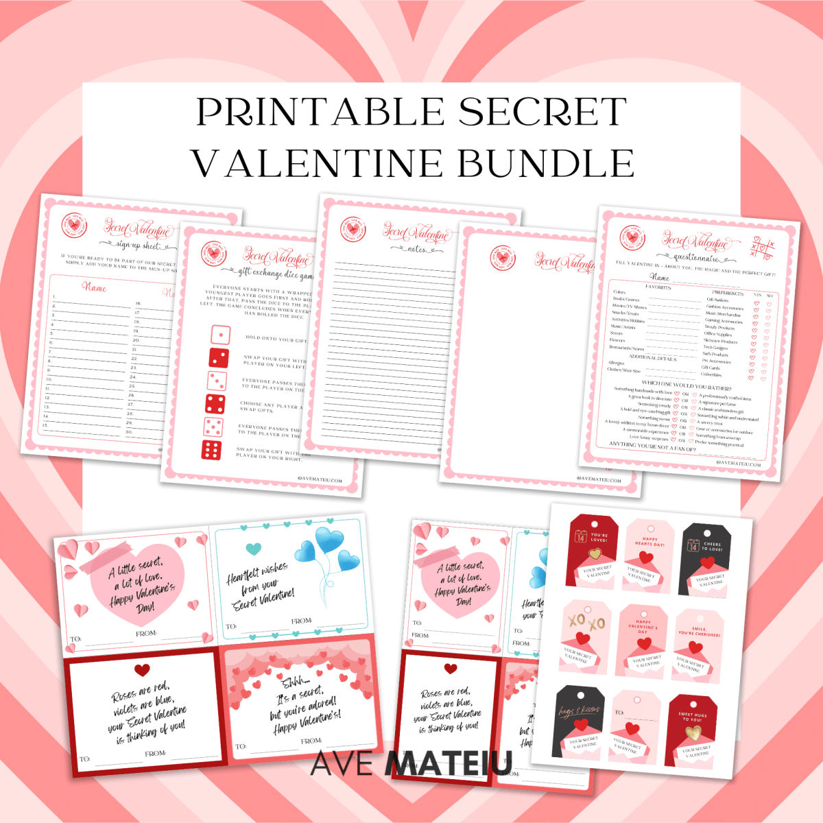 Image featuring the text "Printable Secret Valentine Bundle" with example of pages: Secret Valentine Sign-up sheet, Secret Valentine Gift Exchange Dice Game, Secret Valentine Notes, Secret Valentine Blank Sketches Page, Secret Valentine Questionnaire, Secret Valentine Thank you Cards (portrait and landscape), and Secret Valentine Gift Tags.