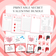 Image featuring the text "Printable Secret Valentine Bundle" with example of pages: Secret Valentine Sign-up sheet, Secret Valentine Gift Exchange Dice Game, Secret Valentine Notes, Secret Valentine Blank Sketches Page, Secret Valentine Questionnaire, Secret Valentine Thank you Cards (portrait and landscape), and Secret Valentine Gift Tags.