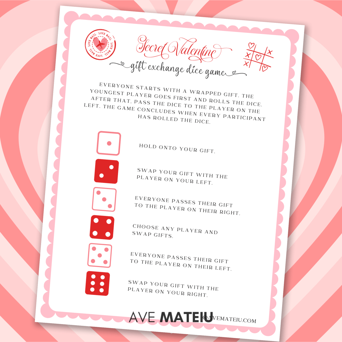 Image with example from the Printable Secret Valentine Bundle: Secret Valentine Gift Exchange Dice Game