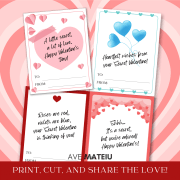 Image with examples from the Printable Secret Valentine Bundle: Portrait Secret Valentine Thank you Cards with heartfelt messages and the text: "Print, cut, and share the love!"
