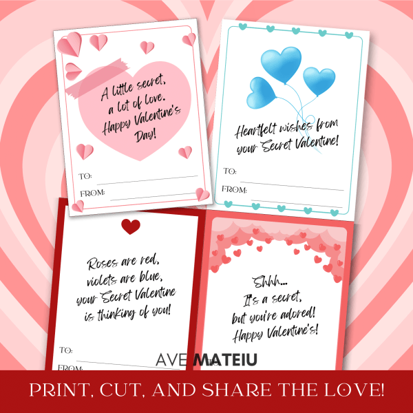 Image with examples from the Printable Secret Valentine Bundle: Portrait Secret Valentine Thank you Cards with heartfelt messages and the text: "Print, cut, and share the love!"