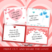 Image with examples from the Printable Secret Valentine Bundle: Landscape Secret Valentine Thank you Cards with heartfelt messages and the text: "Print, cut, and share the love!"