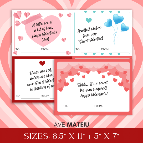 Image with examples from the Printable Secret Valentine Bundle: Landscape Secret Valentine Thank you Cards with heartfelt messages.