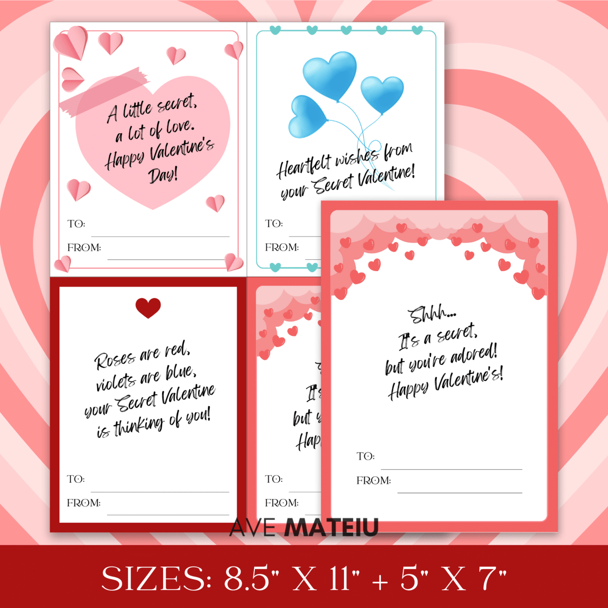 Image with examples from the Printable Secret Valentine Bundle: Portrait Secret Valentine Thank you Cards with heartfelt messages