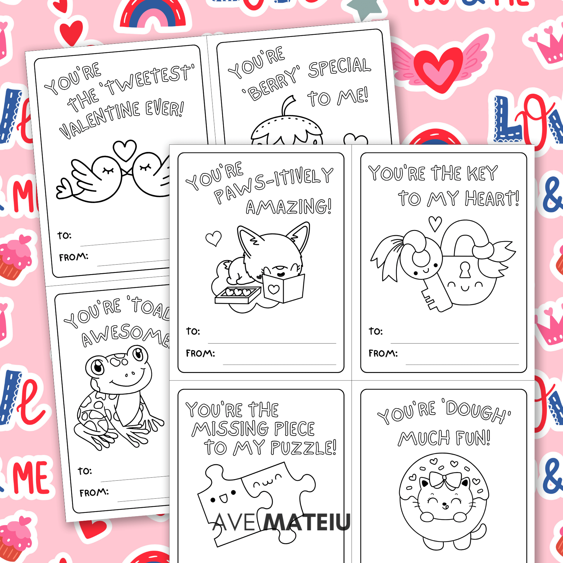 Image with examples of printable Valentine's Day coloring cards: "You're paws-itively amazing!" with a valentine corgi dog coloring page, "You're the key to my heart!" with a key and a lock coloring page, "You're the missing piece to my puzzle!" with two pieces of puzzles, and "You're 'dough' much fun!" with a cat in a donut with hearts sprinkles coloring page and 4 more cards in the background.