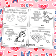 Image with examples of printable Valentine's Day coloring cards: "Wishing you a day full of heart emojis" with two hearts both full of hearts coloring page, "Have a roaring good Valentine's day!" with a cute T-Rex coloring page, "Happy mafical Valentine's day!" with a unicorn coloring page, and "You're an amazing friend!" with a valentine gnome coloring page.