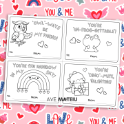 Image with examples of printable Valentine's Day coloring cards: "Owl-ways by my friend!" with owl coloring page, "You're un-frog-gettable!" with a valentine cute frog coloring page, "You're the rainbow in my sky!" and a valentine rainbow coloring page, "You're dino-mite, Valentine!" with a dinosaurs with a gift coloring page.