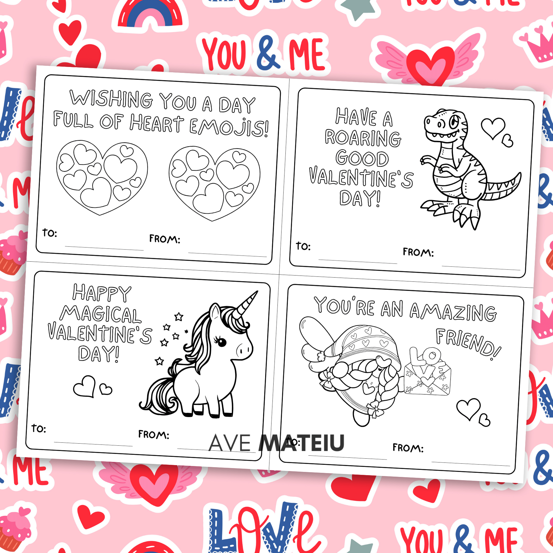 Image with examples of printable Valentine's Day coloring cards: "Wishing you a day full of heart emojis" with two hearts both full of hearts coloring page, "Have a roaring good Valentine's day!" with a cute T-Rex coloring page, "Happy mafical Valentine's day!" with a unicorn coloring page, and "You're an amazing friend!" with a valentine gnome coloring page.