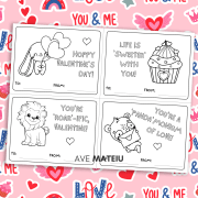 Image with examples of printable Valentine's Day coloring cards: "Hoppy Valentine's Day!" with a bunny with hearts balloons coloring page, "Life is sweeter with you!" with a valentine cupcake coloring page, "You're roar-ific Valentine!" with a cute lion coloring page, and "You're 'Panda'-monium of love!" with a panda holding a valentine letter coloring page.