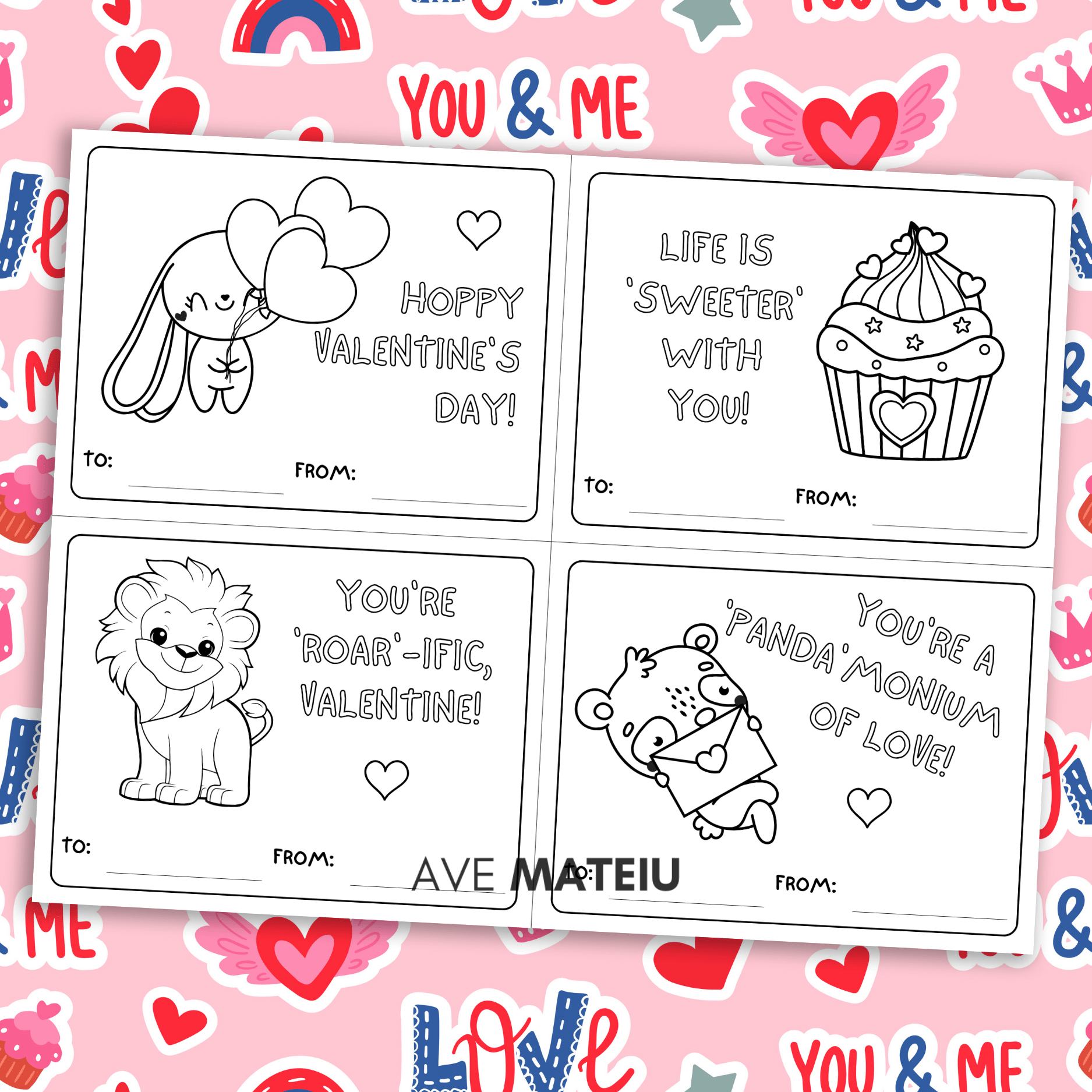 Image with examples of printable Valentine's Day coloring cards: "Hoppy Valentine's Day!" with a bunny with hearts balloons coloring page, "Life is sweeter with you!" with a valentine cupcake coloring page, "You're roar-ific Valentine!" with a cute lion coloring page, and "You're 'Panda'-monium of love!" with a panda holding a valentine letter coloring page.