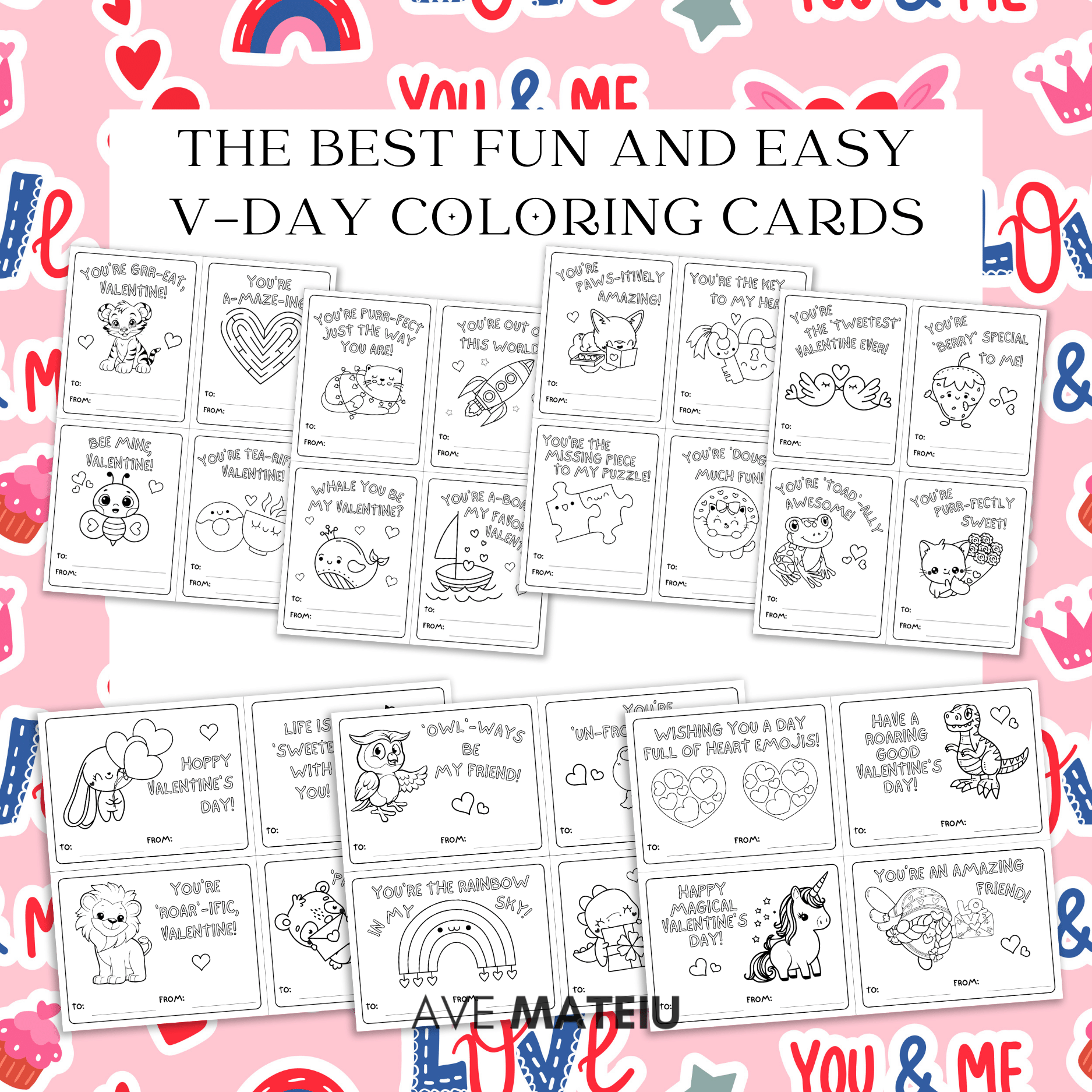 Image featuring the text: "The Best fun and easy Valentine's day coloring cards" with 28 examples of printable Valentine's Day coloring cards.