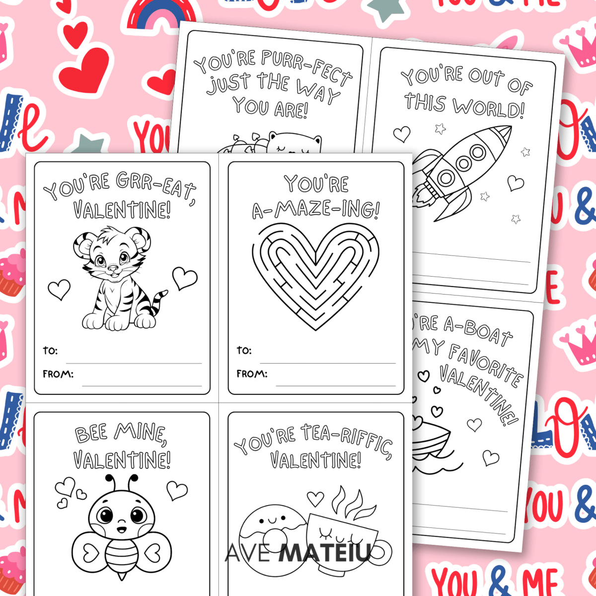 Image featuring examples of Valentine's Day coloring cards:"You're grr-eat, Valentine" with a cute tiger coloring page partial colored, "You're a-maze-ing!" with a heart maze coloring page, "Bee mine, Valentine" with a Valentine bee coloring page, "You're tea-riffic, Valentine" with a donut with a cup coloring page and 4 more cards in the background.
