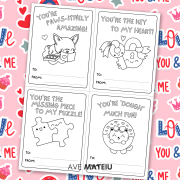 Image with examples of printable Valentine's Day coloring cards: "You're paws-itively amazing!" with a valentine corgi dog coloring page, "You're the key to my heart!" with a key and a lock coloring page, "You're the missing piece to my puzzle!" with two pieces of puzzles, and "You're 'dough' much fun!" with a cat in a donut with hearts sprinkles coloring page.
