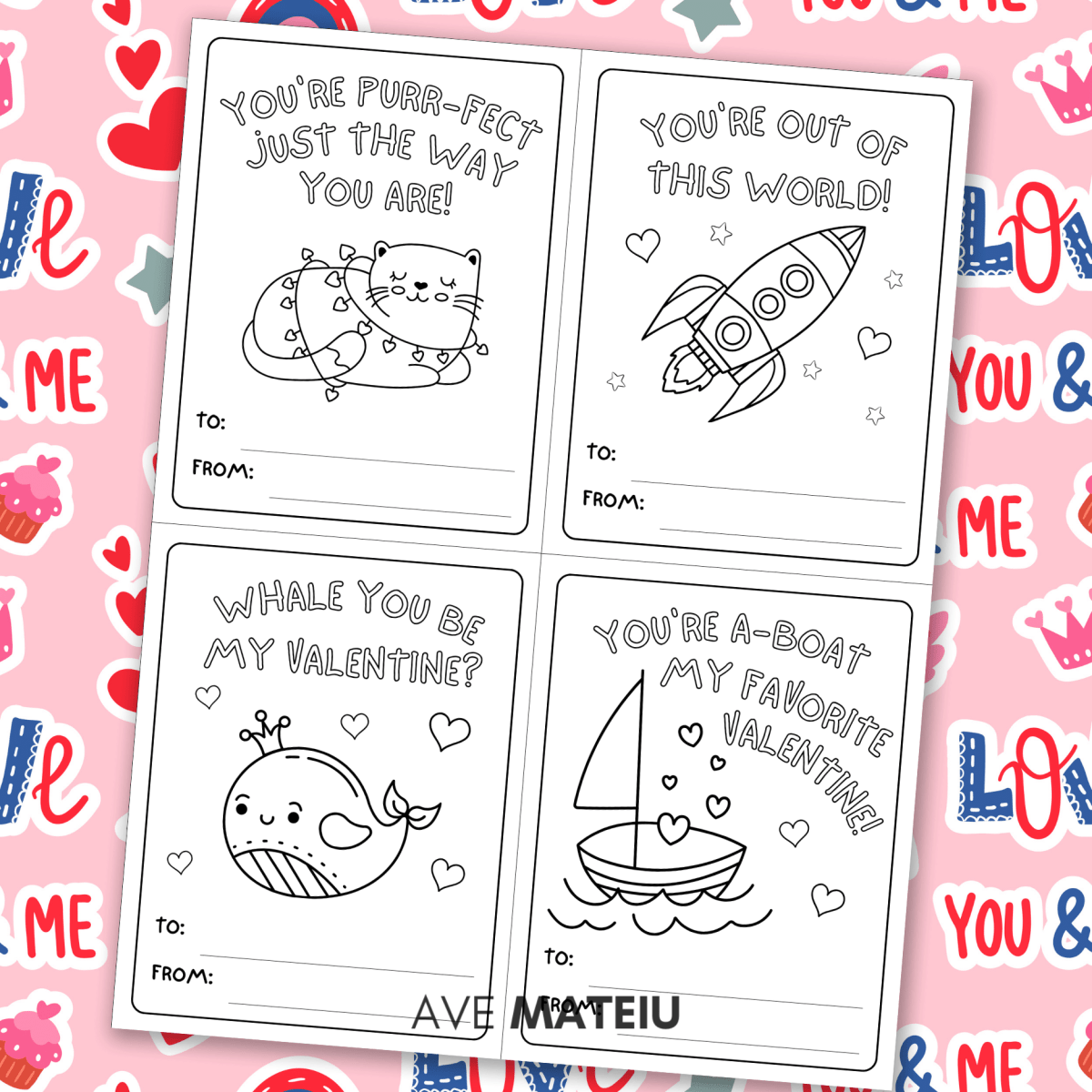 Image with examples of printable Valentine's Day coloring cards: "You're purr-fect just the way you are!" with a cute valentine cat coloring page, "You're out of this world!" with a rocket coloring page, "Whale you be my Valentine?" with a whale coloring page, and "You're a-boat my favorite Valentine!" with a boat with hearts coloring page.