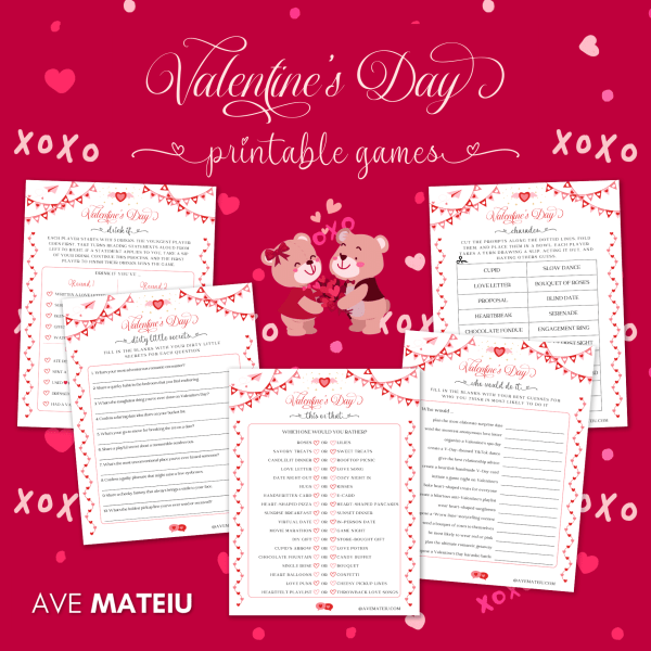Image featuring the text: "14 Printable Valentine's Day Games and Activities for adults and teens" with game examples like: Valentine drink if, Valentine dirty little secret, Valentine this or that, Valentine who would do it (most likely to), and Valentine charades.