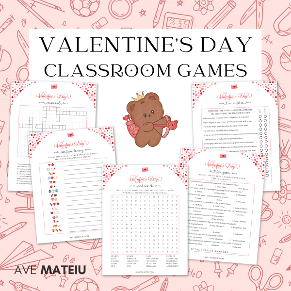 Image featuring the text "Printable Valentine's Day Classroom Games and Activities" with example of printable pages: Valentine's Day word search, Valentine's Day crossword, Valentine's Day emoji pictionary, Valentine's Day trivia game, and Valentine's Day true or false.