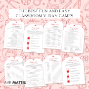 Printable Valentine's Day Games - Classroom 2 Image featuring the text "The best fun and easy Printable Valentine's Day Classroom Games and Activities" with example of printable pages: Valentine's Day what's cupid thicking, Valentine's Day candy dice game, Valentine's Day trivia game, Valentine's Day riddle me this, Valentine's Day quick think, Valentine's Day family feud, Valentine's Day word scramble, and Valentine's Day gift exchange dice game.