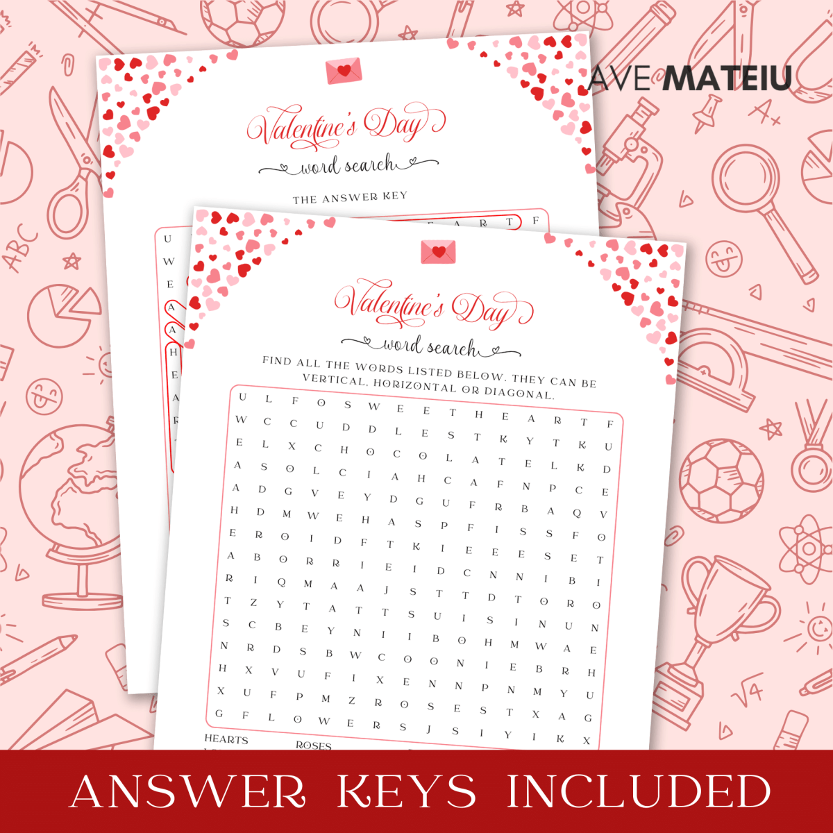 Image featuring the text "Answer keys included" with examples from the Printable Valentine's Day Classroom Games and Activities bundle: printable Valentine's day word search and it's answer key.
