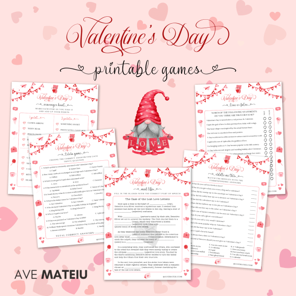 Image featuring the text: "14 Printable Valentine's Day Games and Activities for children and family" with game examples like: Valentine Scavenger hunt, Valentine trivia game, Valentine mad libs, Valentine riddle me this, and Valentine true or false.