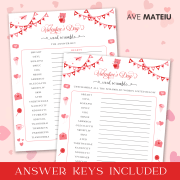 Image featuring the text "Answer keys included" and the Valentine's game: Valentine scramble with its answer key.