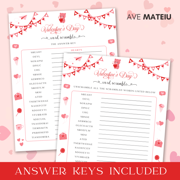 Image featuring the text "Answer keys included" and the Valentine's game: Valentine scramble with its answer key.