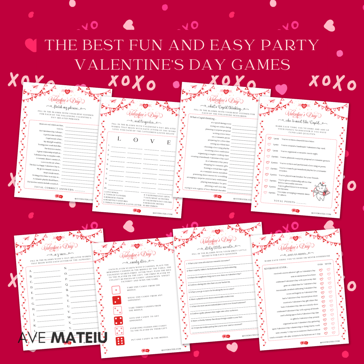 Image featuring the text: "The best fun and easy party valentine’s day games and activities" with game examples like: Valentine finish my phrase, Valentine scattergories, Valentine what's Cupid thinking, Valentine who is most like Cupid, Valentine a to z race, Valentine candy dice, Valentine dirty little secrets, and Valentine ever or never.