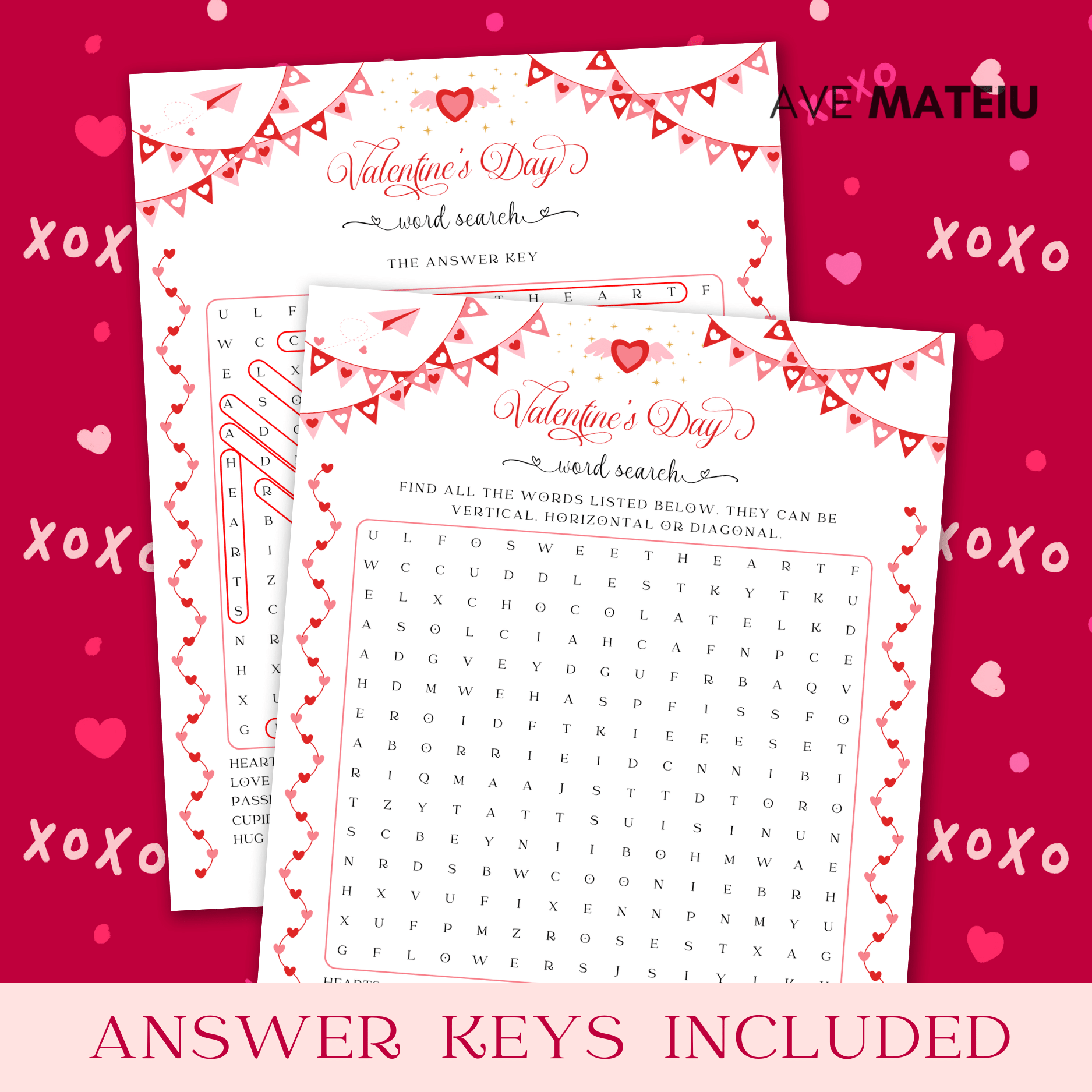 Image featuring the text "Answer keys included" and the Valentine's game: Valentine word search with its answer key.