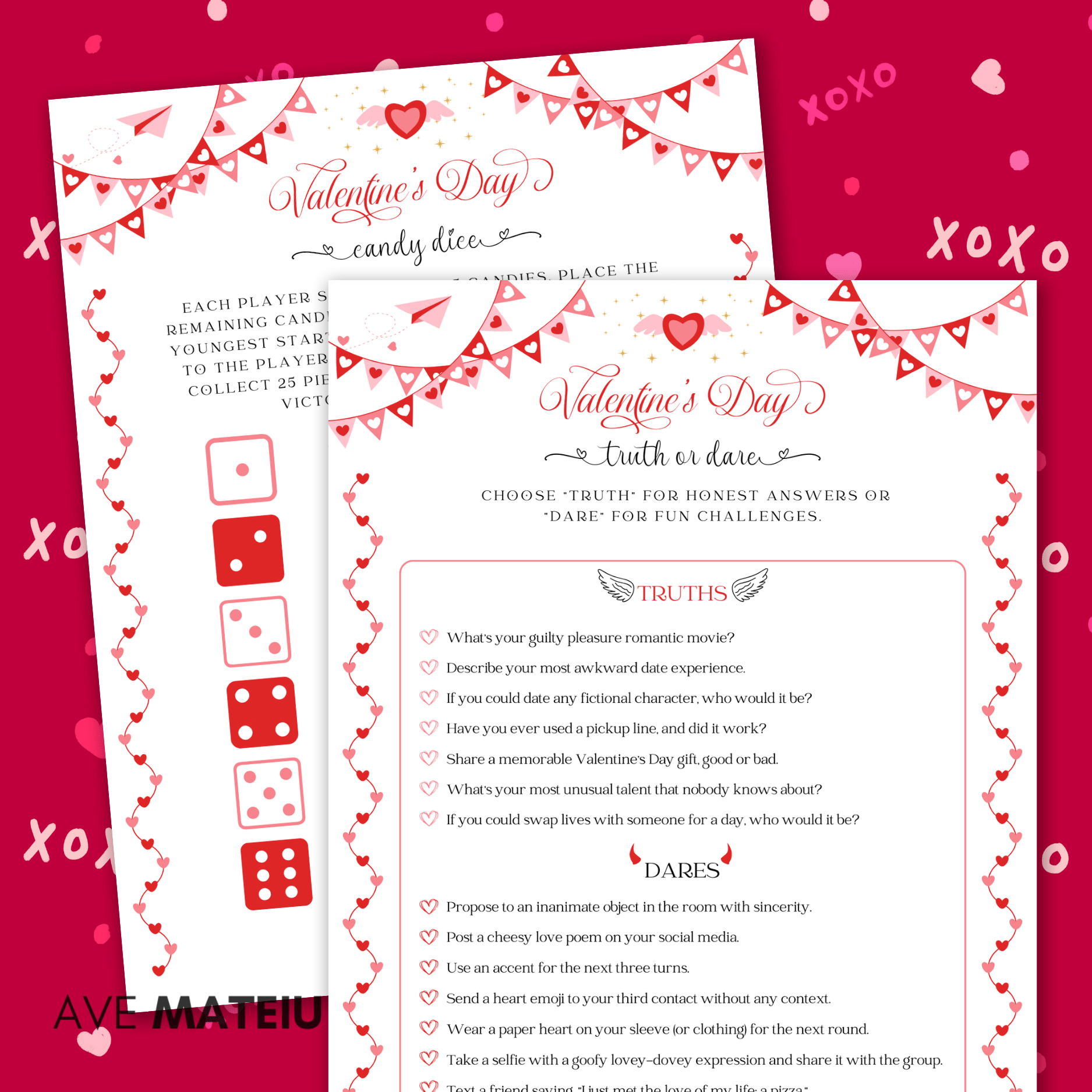 Image featuring the Valentine's games: Valentine truth or dare and Valentine candy dice.