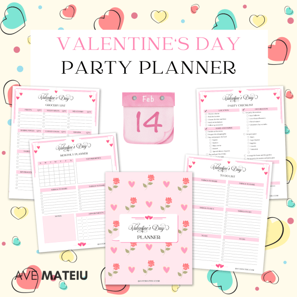 Image featuring the text "printable Valentine's Day party planner bundle" with example pages: printable grocery list, printable monthly planner, front cover, printable to do list, and printable party checklist.