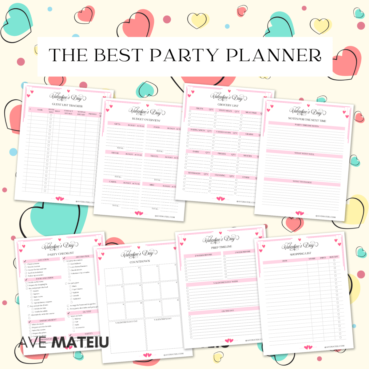 Image featuring the text "the best party planner" with example pages: printable guest list tracker, printable budget overview, printable grocery list, printable notes for the next time, printable party checklist, printable countdown, printable prep timeline, and printable shopping list.
