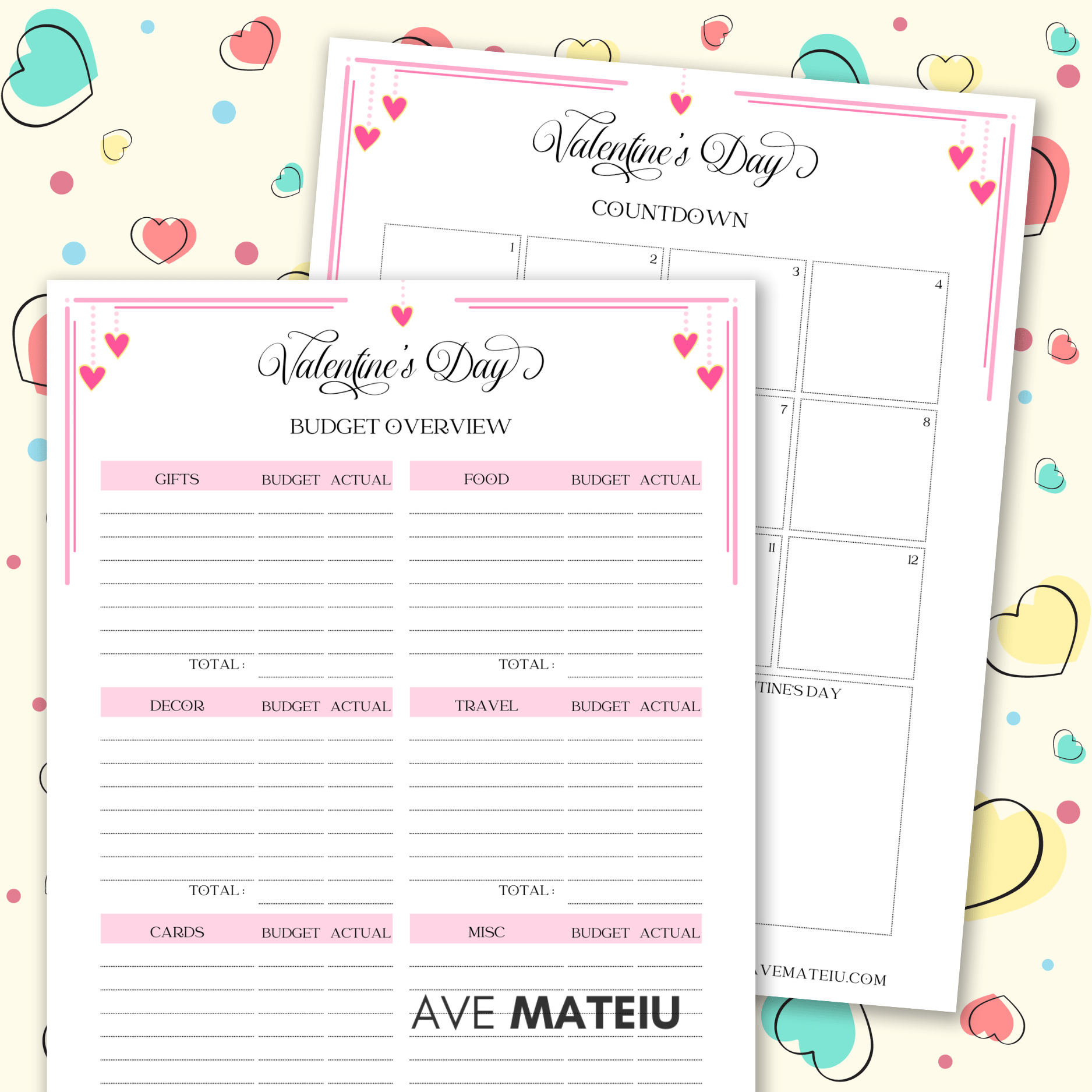 Image with examples from the printable Valentine's Day party planner bundle: printable budget overview and countdown.