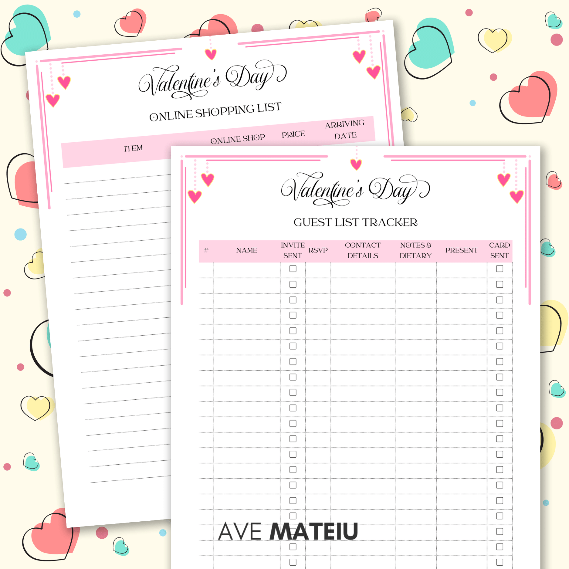 Image with examples from the printable Valentine's Day party planner bundle: printable guest list tracker and printable online shopping list.