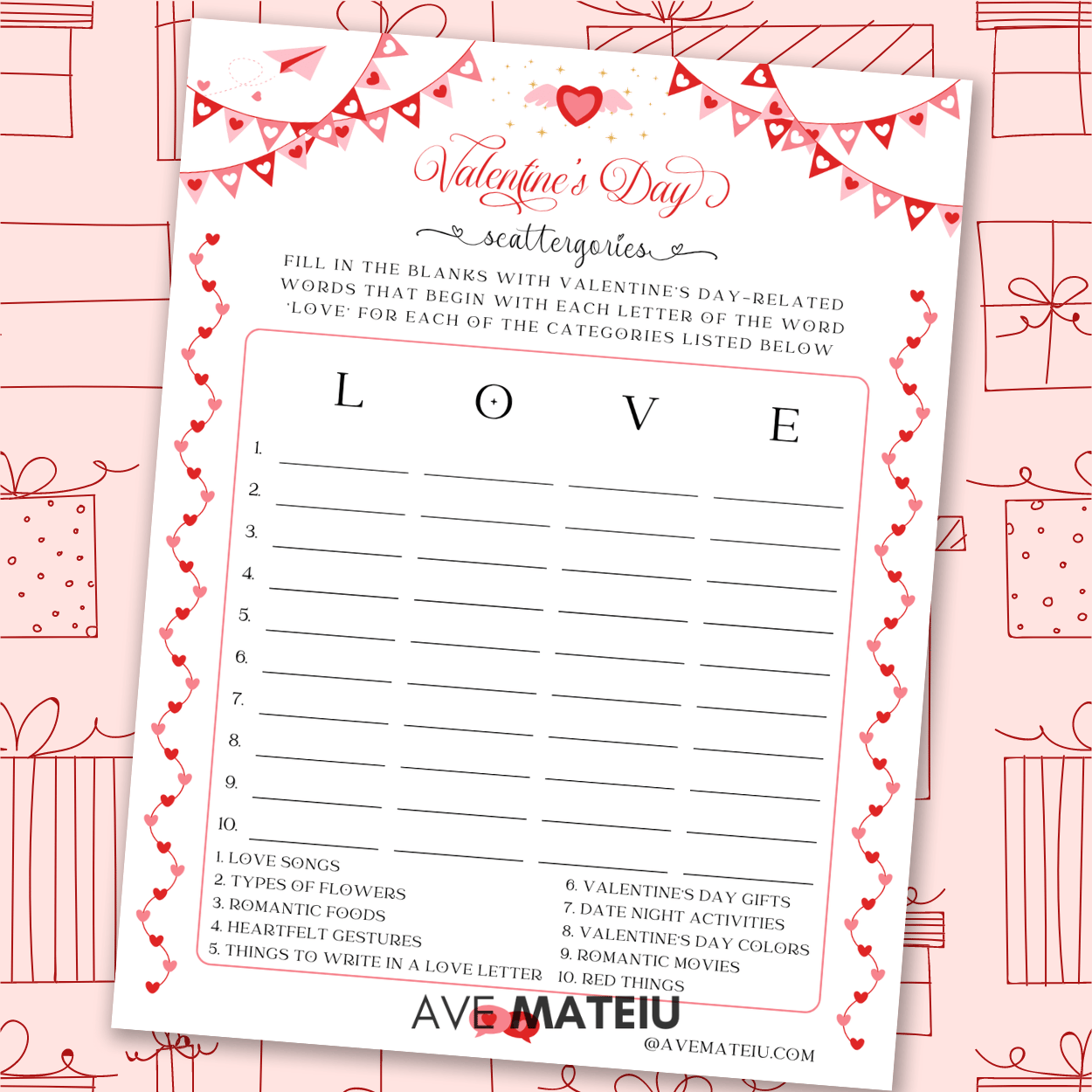 Image featuring one example of printable: Free Valentine's Day Love Scattergories