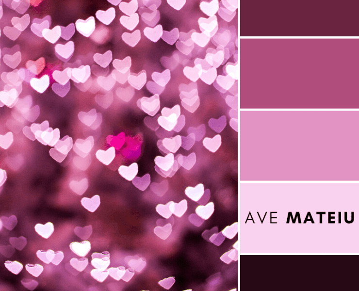 Image featuring featuring the color palettes that has the next colors: rich burgundy, dusty rose, pastel pink, pale lavender, and deep black cherry.