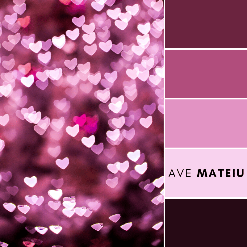 Image featuring featuring the color palettes that has the next colors: rich burgundy, dusty rose, pastel pink, pale lavender, and deep black cherry.