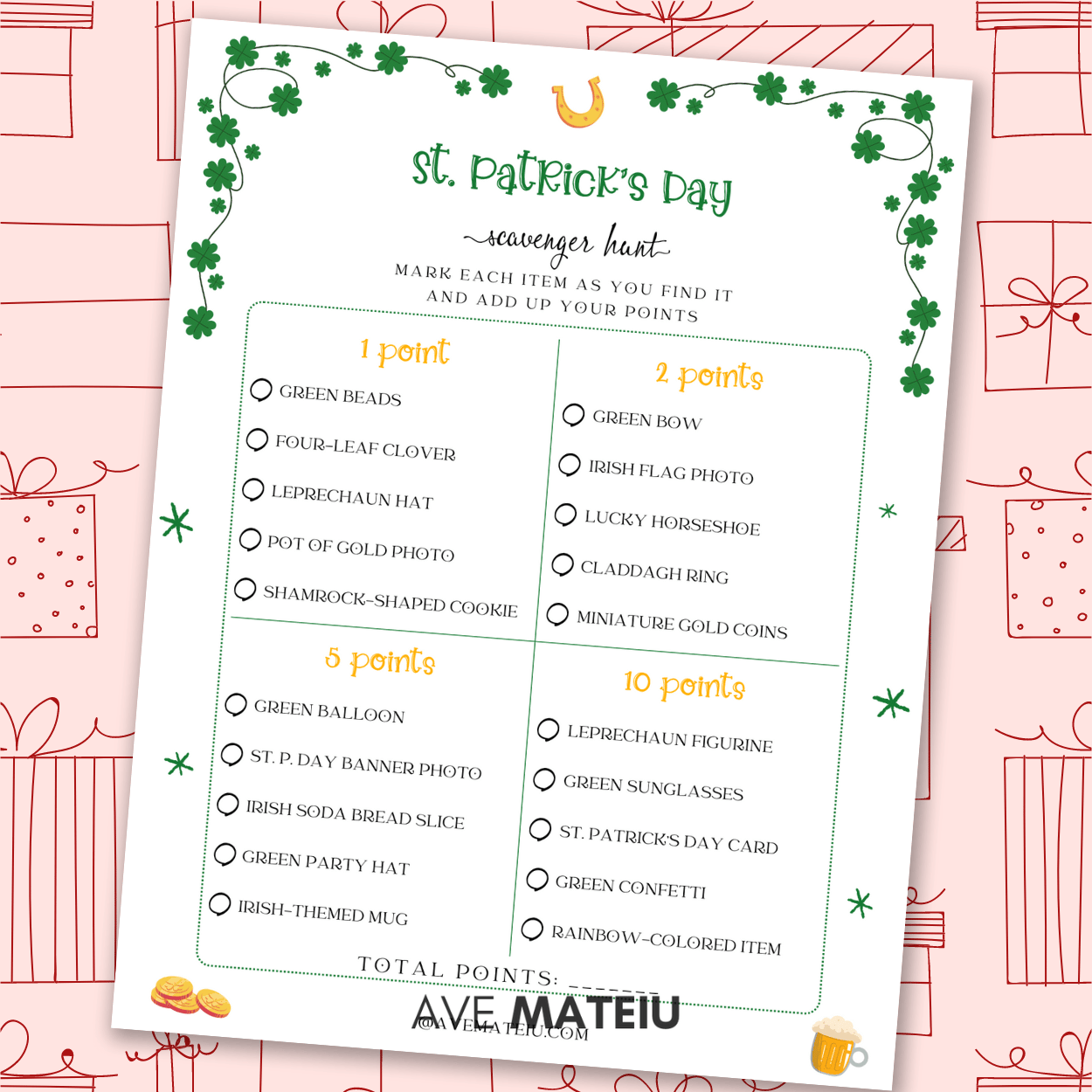 Image featuring the text "Free Printable St. Patrick's Day Scavenger Hunt" and an example of printable: St. Patrick's Day Scavenger Hunt.