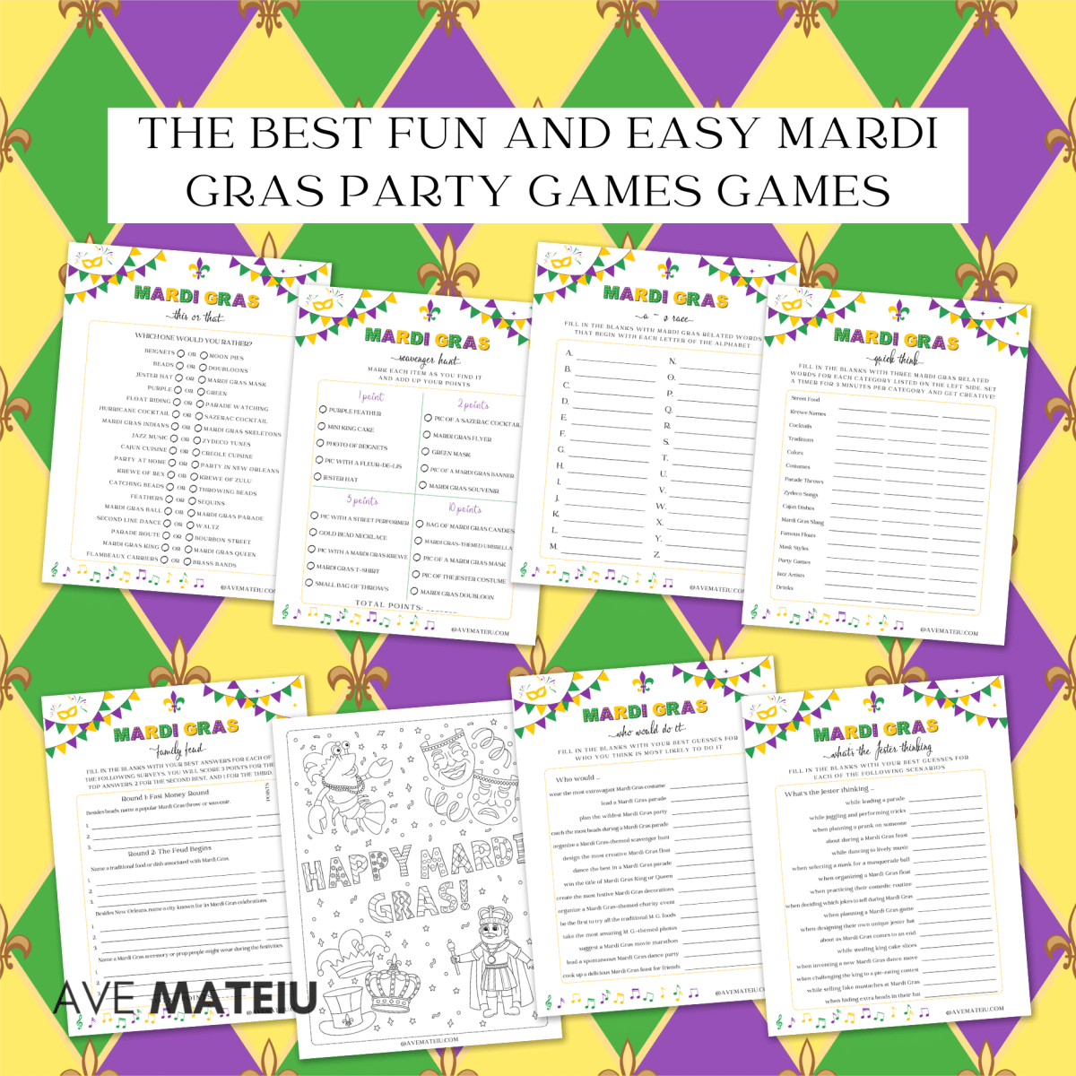 Image featuring the text "The best fun and easy Printable Mardi Gras Party Games and Activities" with example of printable games: Mardi Gras this or that, Mardi Gras scavenger hunt, Mardi Gras family feud, Mardi Gras coloring page for adults, Mardi Gras a to z race, Mardi Gras who would do it, Mardi Gras quick think, Mardi Gras what's the Jester thinking.