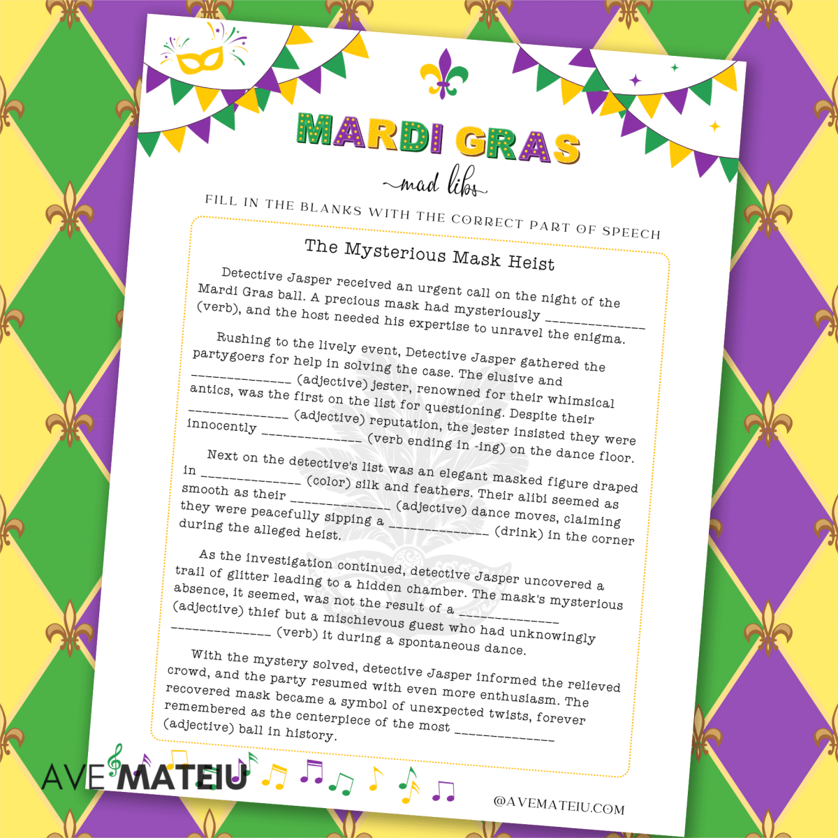 Image with example from the Printable Mardi Gras Party Games and Activities bundle: printable Mardi Gras mad libs game.