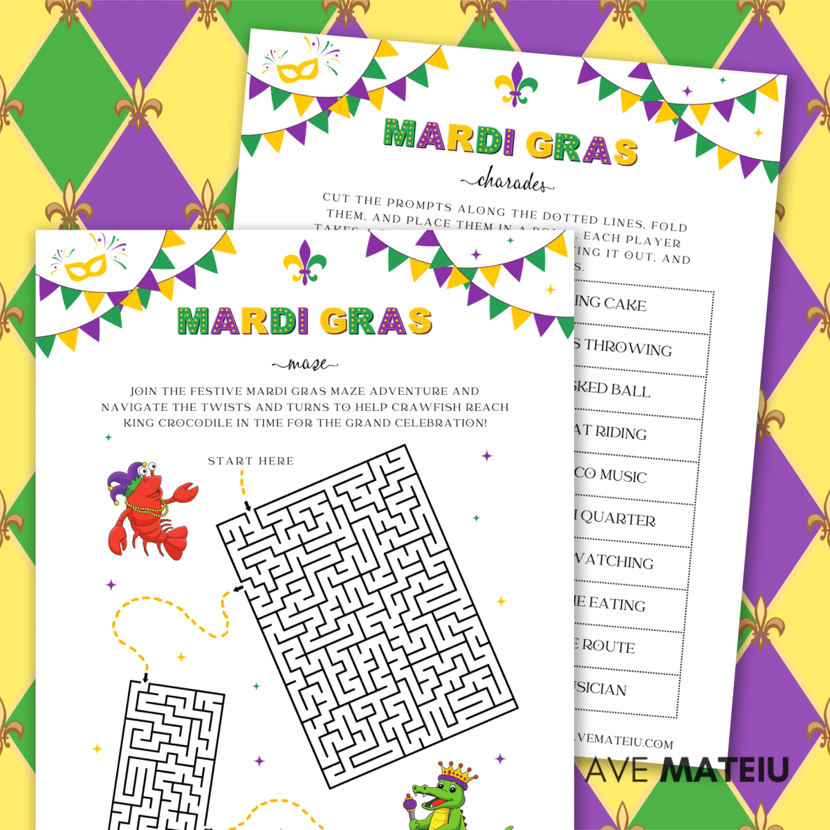 Image with examples from the Printable Mardi Gras Party Games and Activities bundle: printable Mardi Gras maze and Mardi Gras charades.
